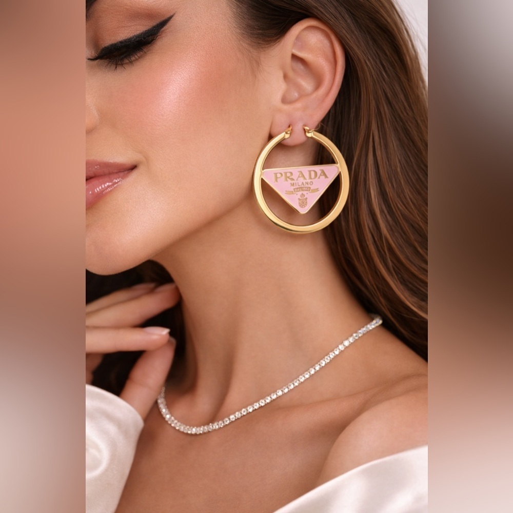 18K Gold & Pink Luxury Hoop Earrings - Picture 2 of 3